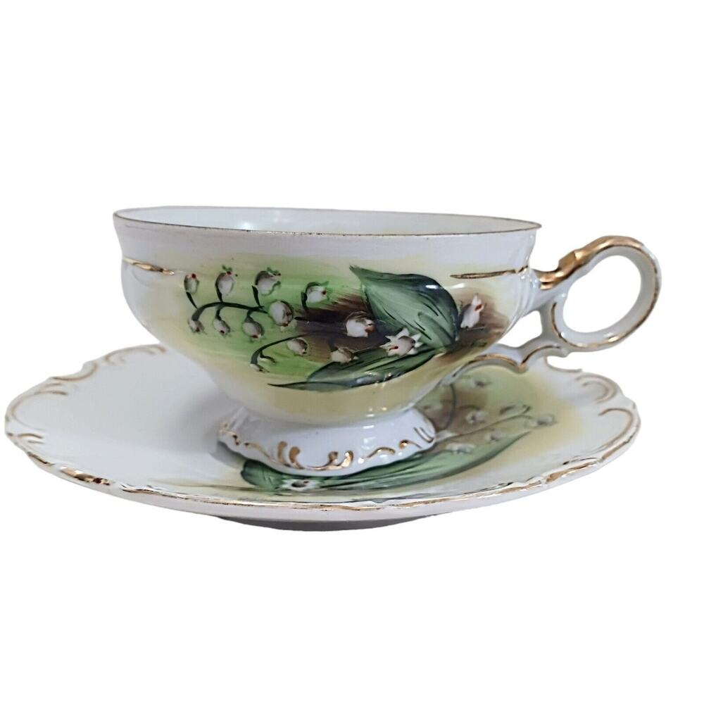 EW Princess LILY OF THE VALLEY Tea Cup Saucer Hand Painted Vnt RARE Marked 3/324